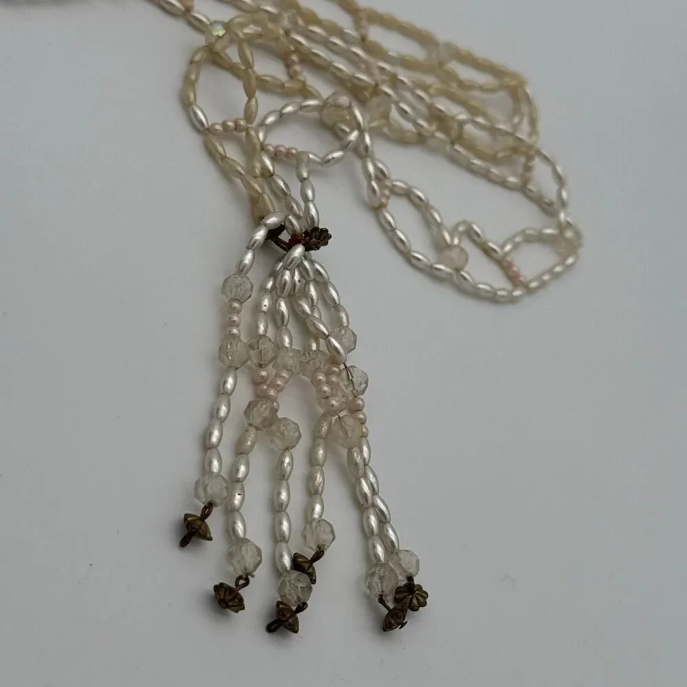 Vintage 1950s Faux Pearl Crystal Tassel Necklace Double Strand Mid Century State